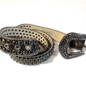 DNA Men's Black Snake Skin Print Genuine Leather Belt, Black Black RhineStones